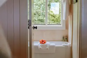 Looking through door into bathroom