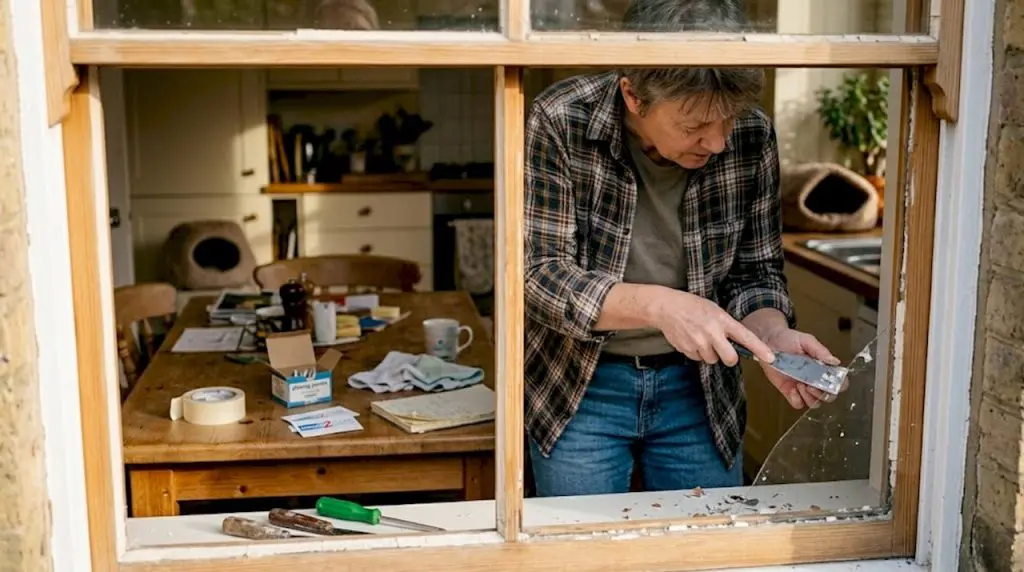 Removing old glazing from timber window in kitchen