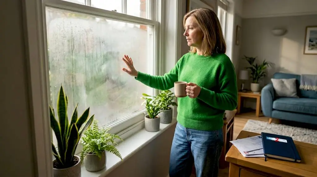 Homeowner inspects misty living room window
