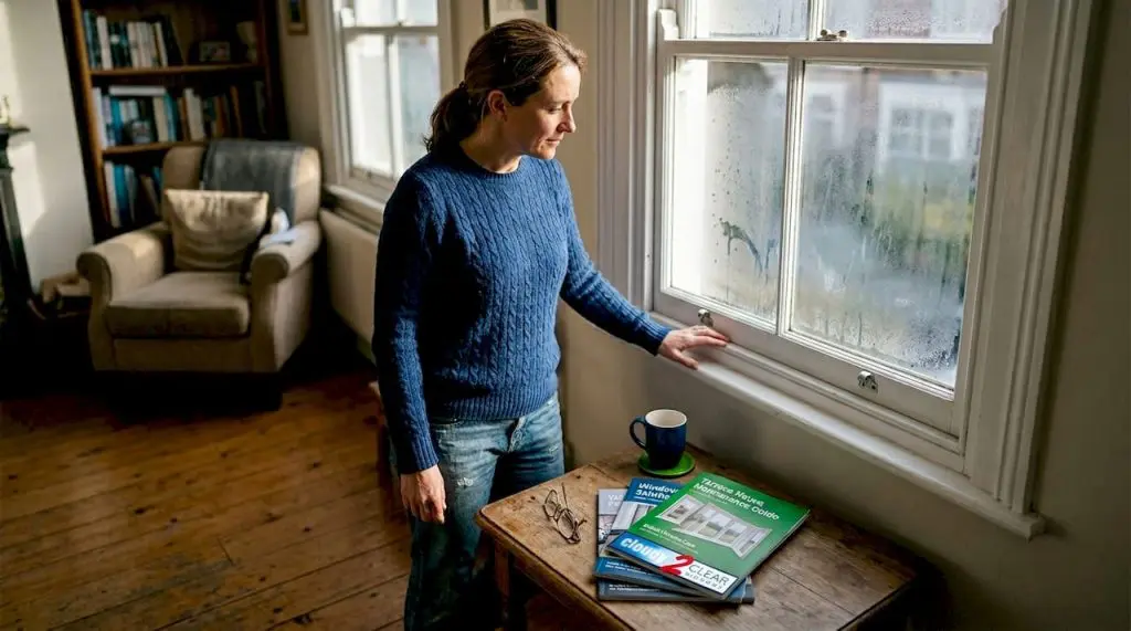 Homeowner assessing windows for efficiency