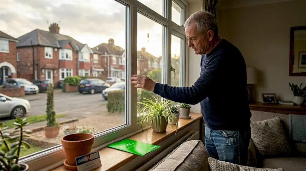 Homeowner inspecting window glass for security