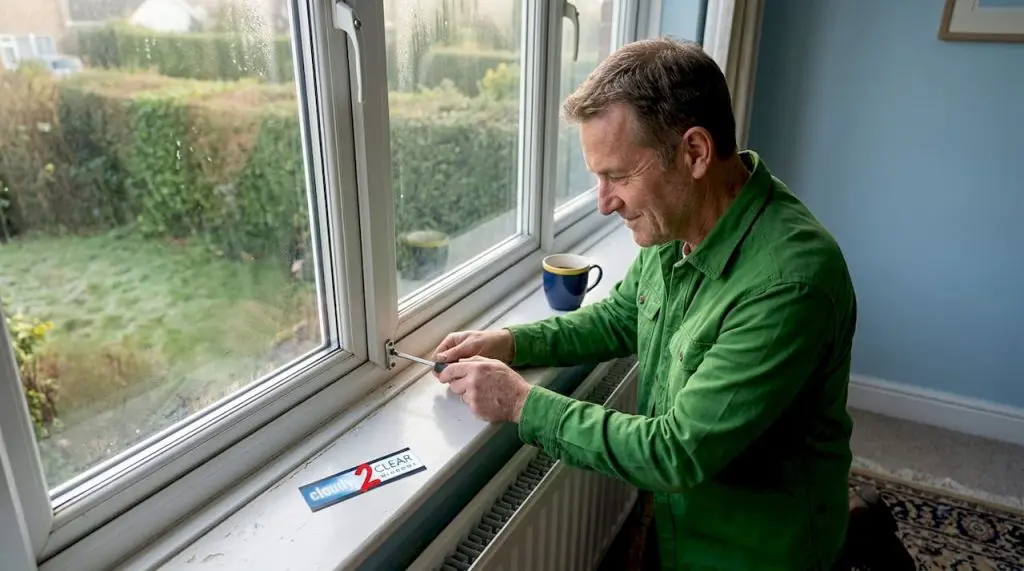 Homeowner repairs window ironmongery hinge