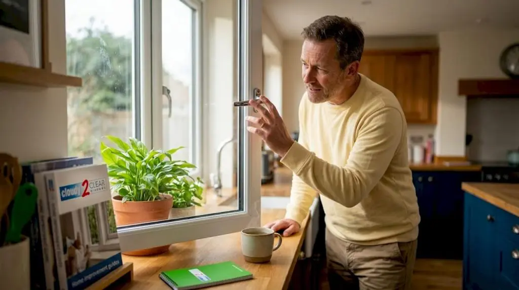 Homeowner checking window for energy efficiency