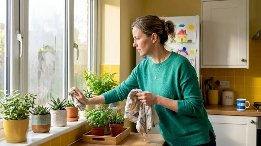 Woman wiping misty double glazed window