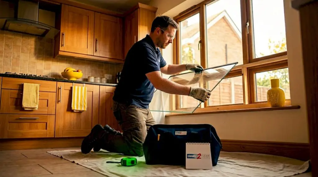 Installer fitting toughened glass in bay window