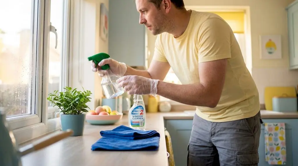 Person cleaning double-glazed window panel