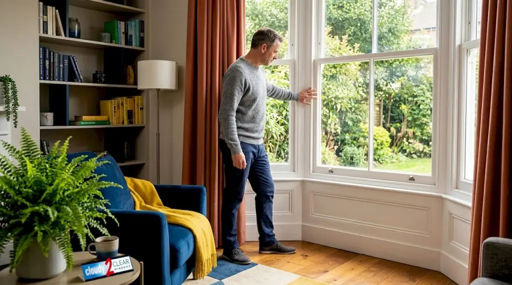 Homeowner checking window seal for drafts