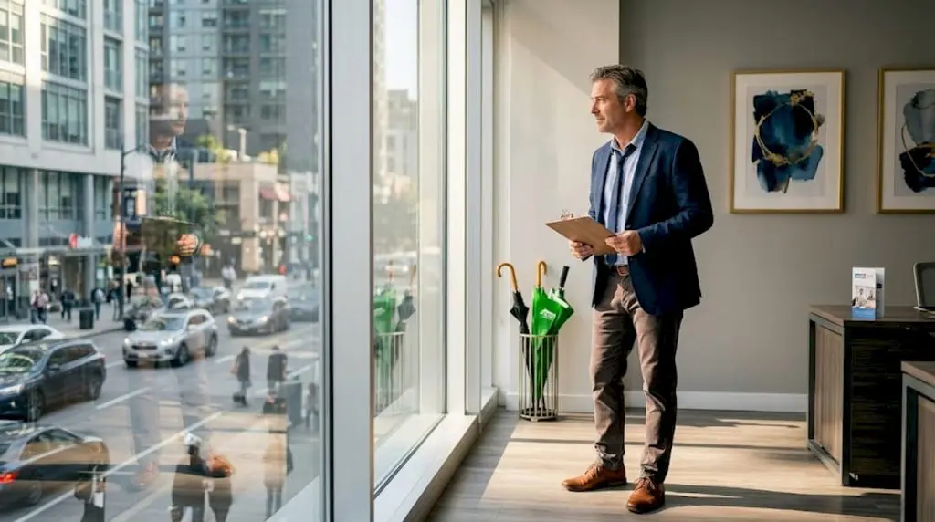 Property manager inspecting commercial windows