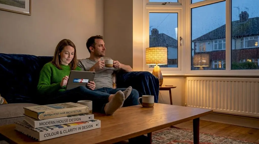 UK couple relaxing near bay window on rainy day
