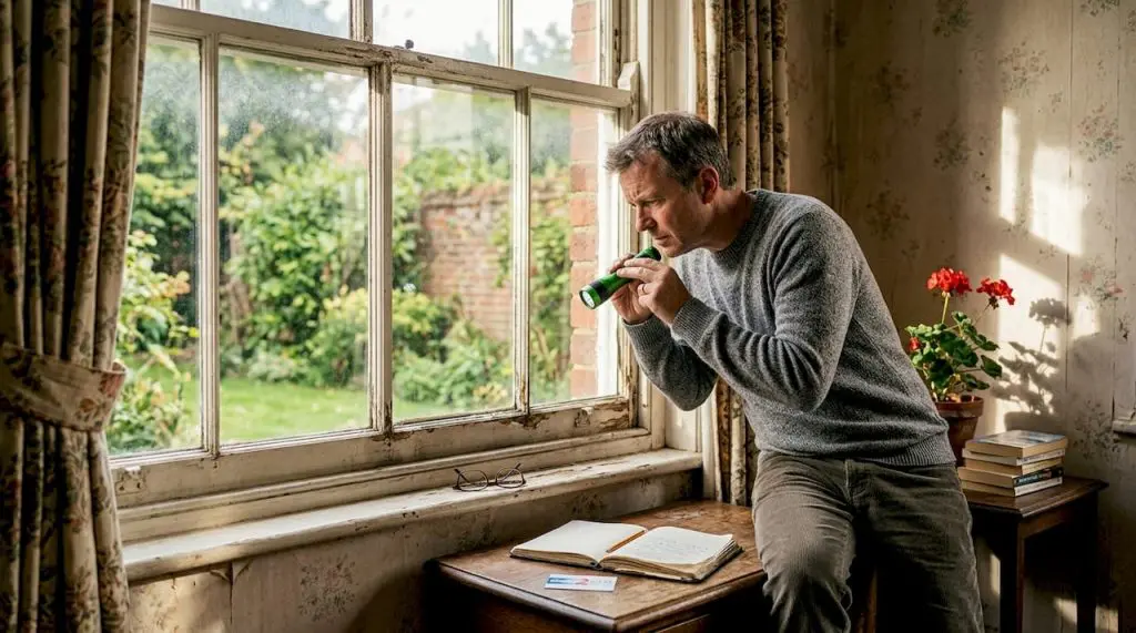 Homeowner inspecting an old window frame
