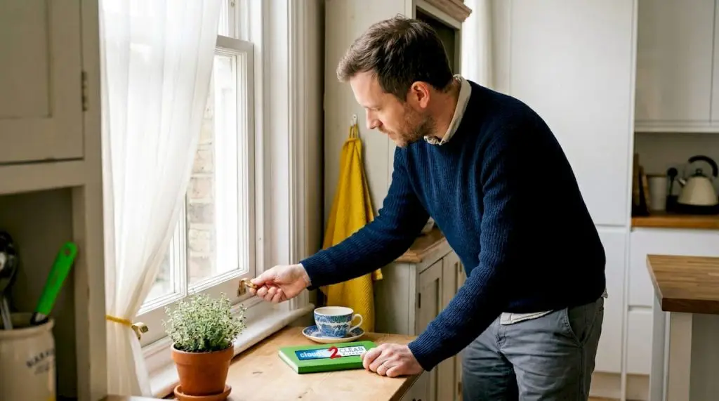 UK homeowner inspecting window lock in living room