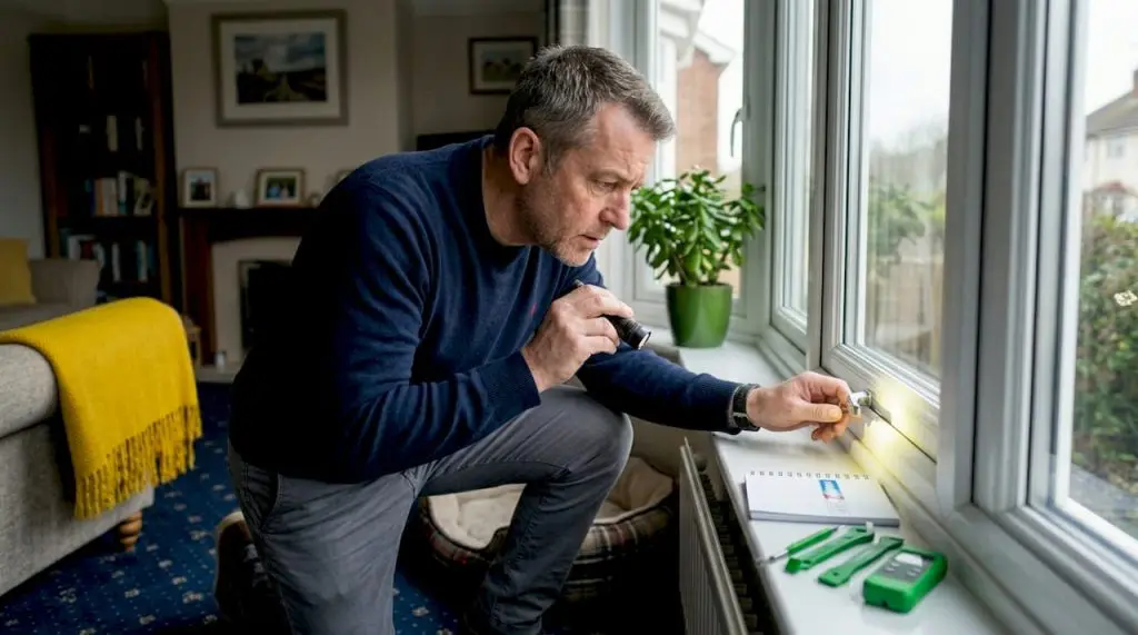 UK homeowner inspects window lock for security