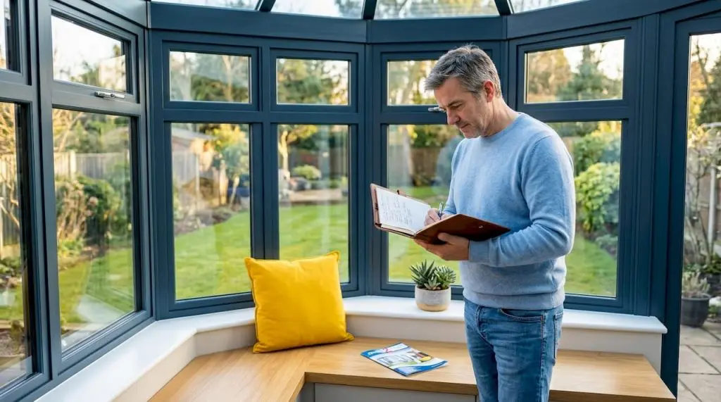 Homeowner examining energy efficient window indoors