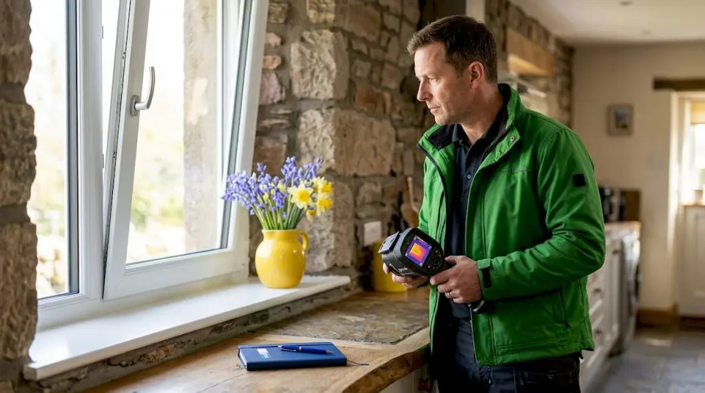 Homeowner inspecting energy efficient window indoors