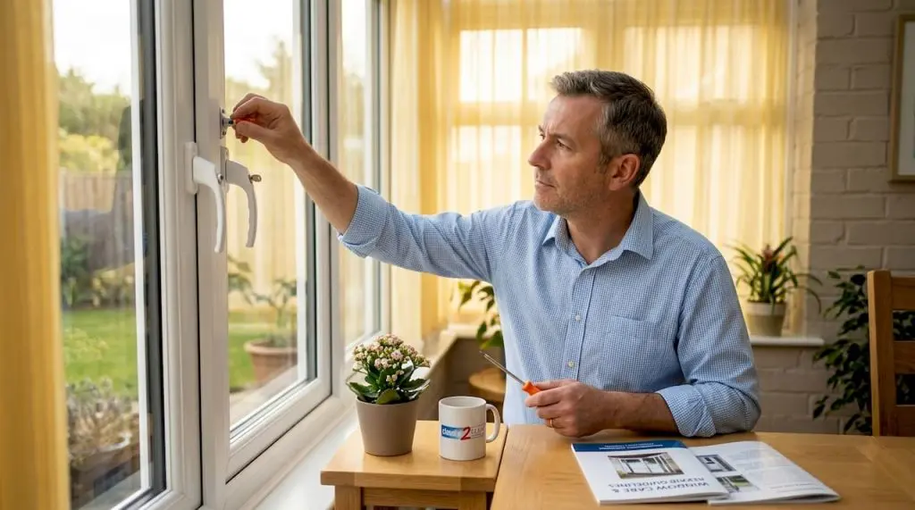 Homeowner inspecting window hardware in living room