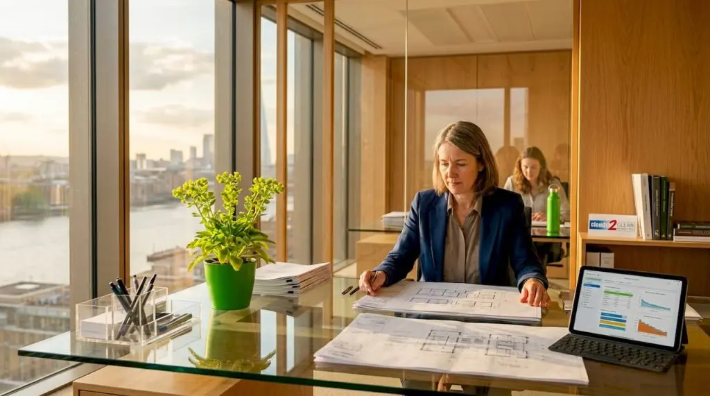 Architect reviewing solar control glazing in office