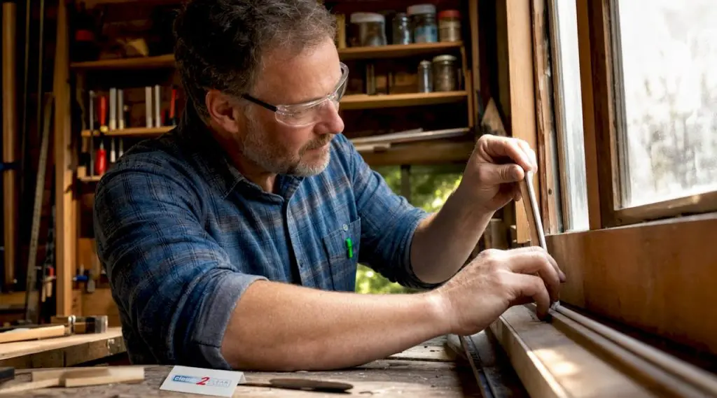 Handyman installing window beading close-up