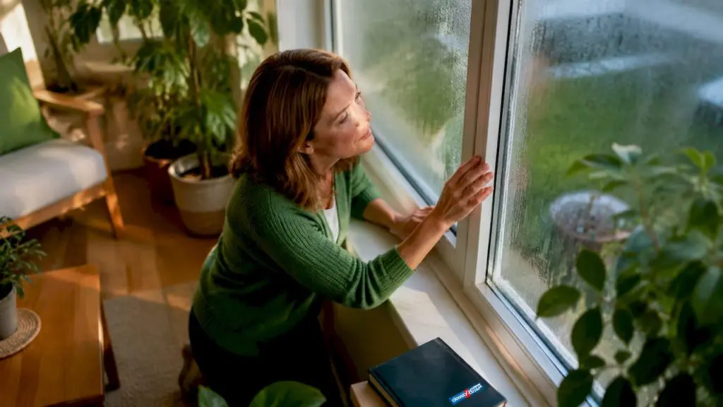 Homeowner inspecting fogged old window
