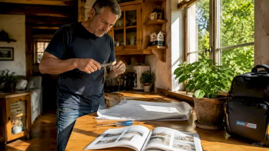 Man measuring glass thickness at home kitchen counter