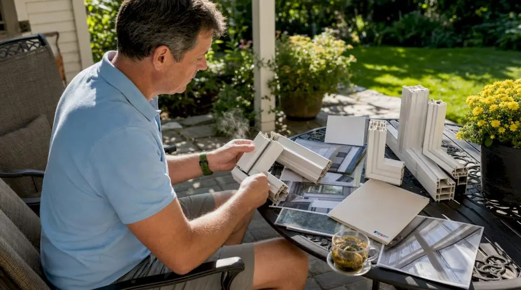 Homeowner reviewing window frame samples