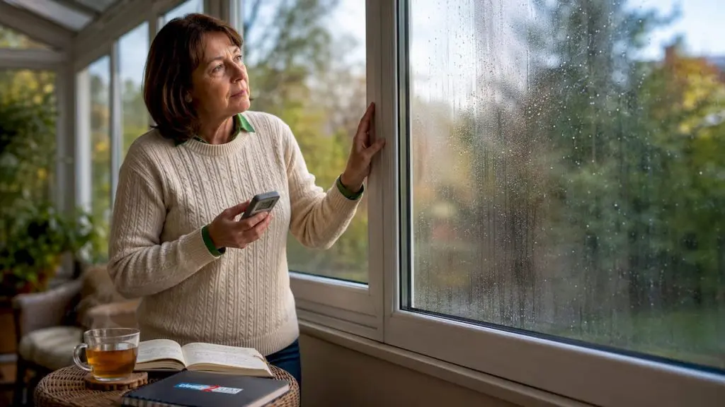 Woman checking window condensation indoors