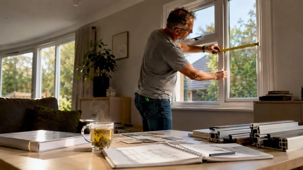 Man measuring double-glazed window frame indoors