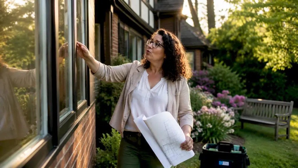 Consultant inspecting fixed window on house exterior