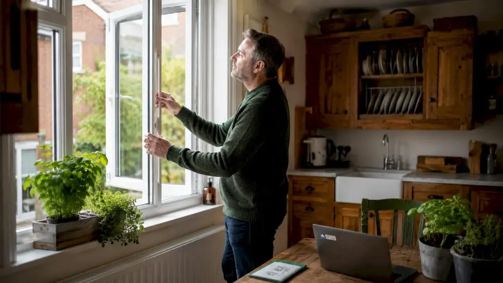 Homeowner inspecting casement window installation