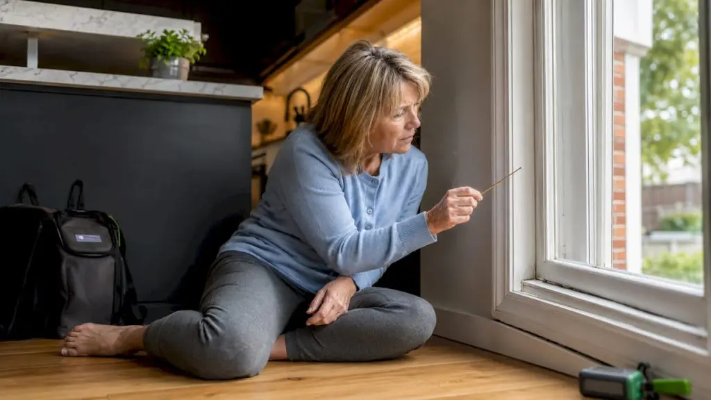 Woman checking window air leakage with incense stick