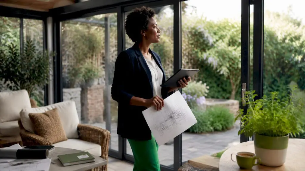Architect reviewing window design plans in home