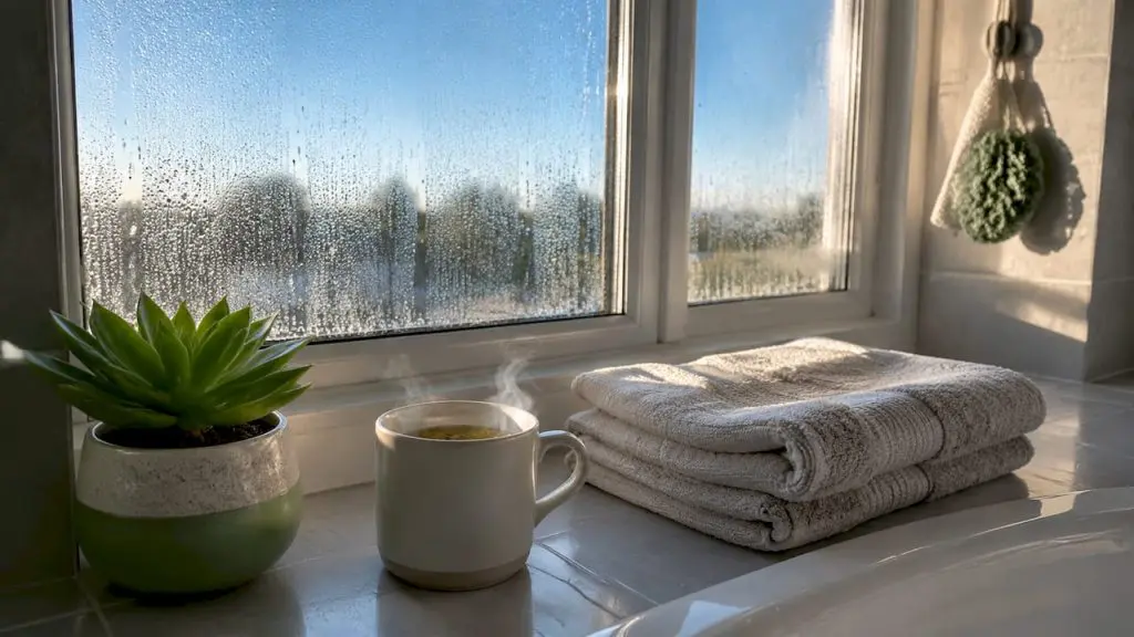 Condensation on kitchen window glass with droplets