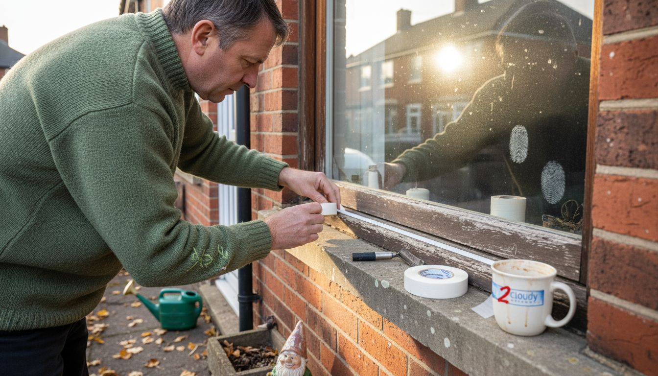 Homeowner applying seal to window exterior