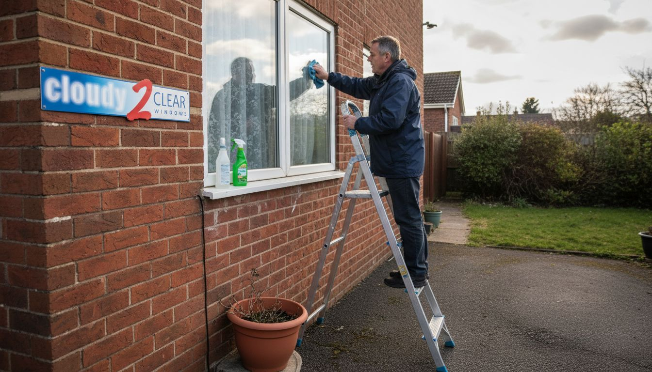 Man cleaning double glazed window exterior