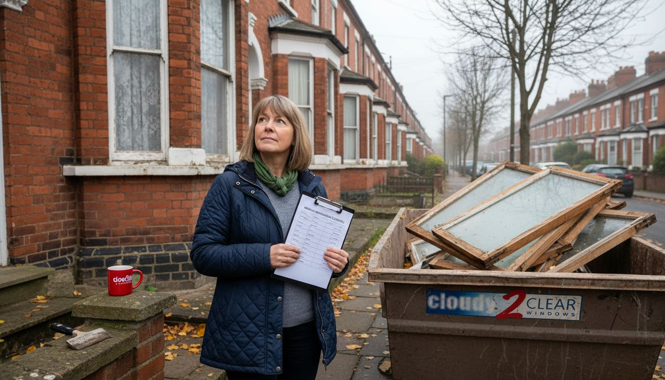 Homeowner assessing sash windows on old house