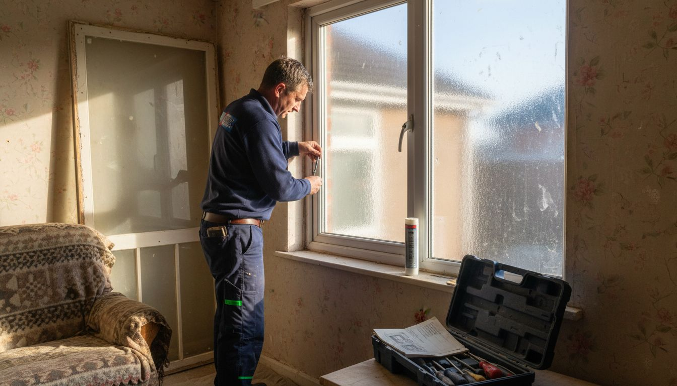 Installer fitting window in typical British house