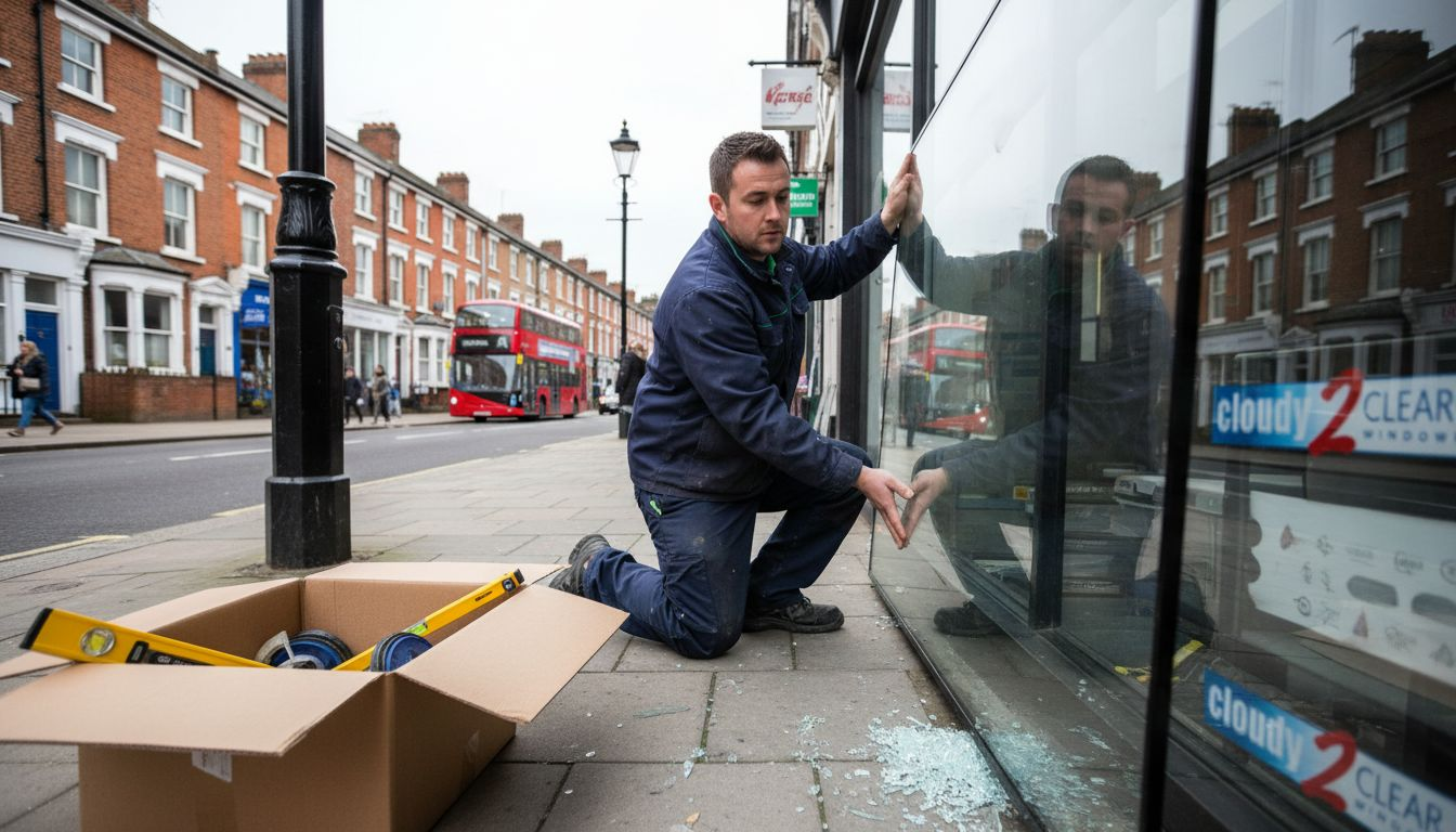 Glazier installing safety glass in street-facing shop