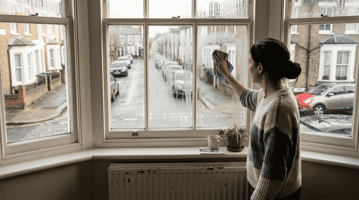 Person wiping foggy sash window condensation