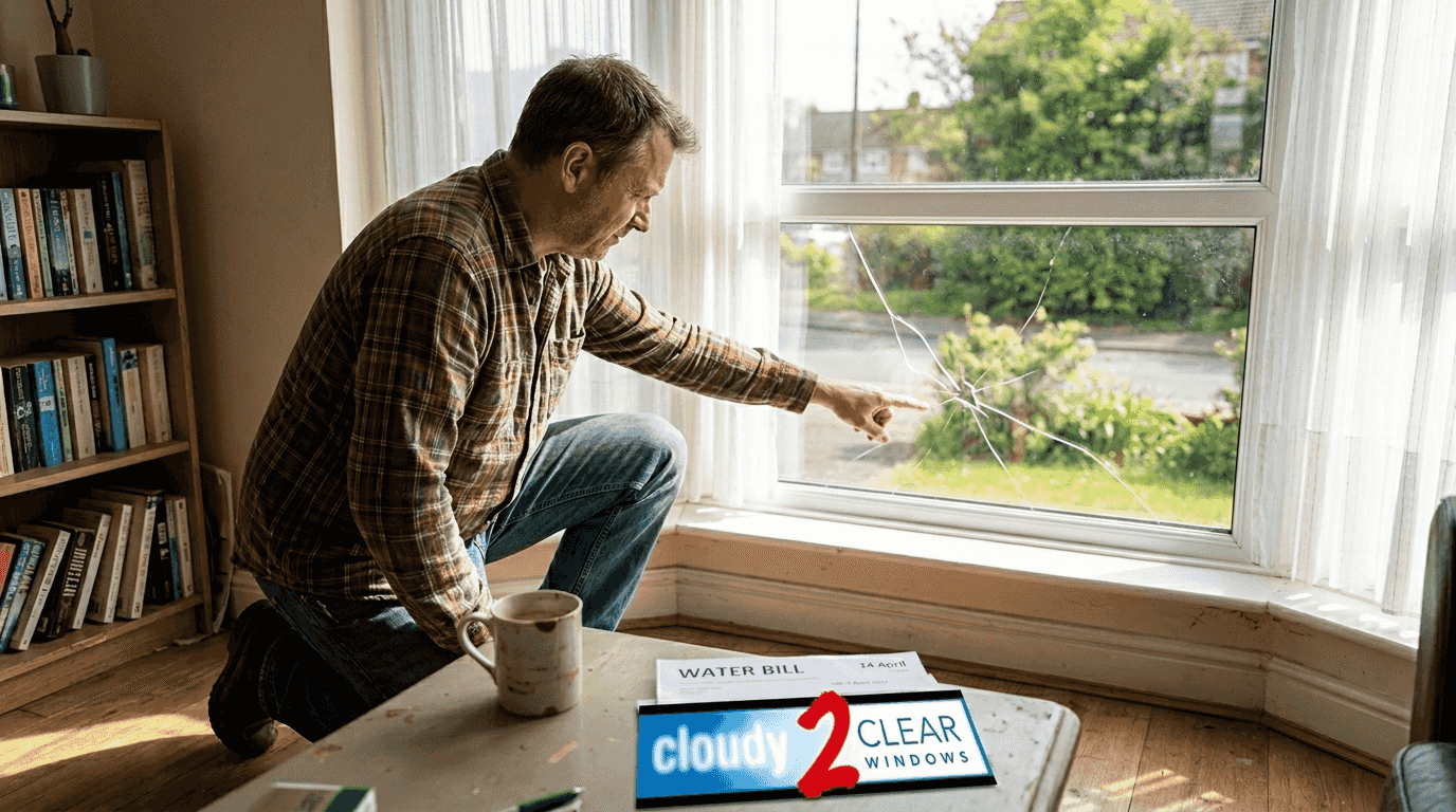 Homeowner inspecting cracked window pane