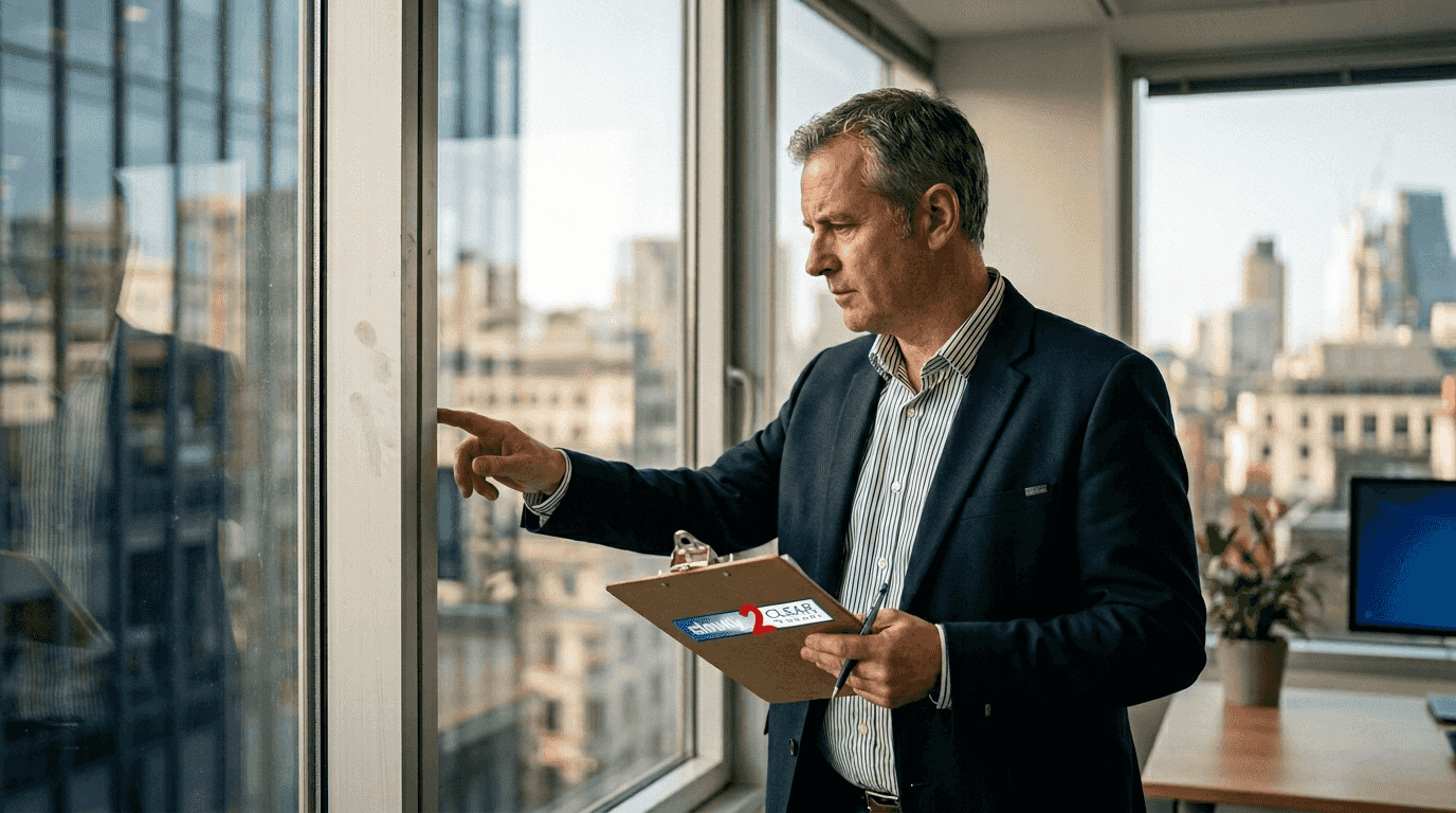 Manager inspecting commercial office double-glazed windows