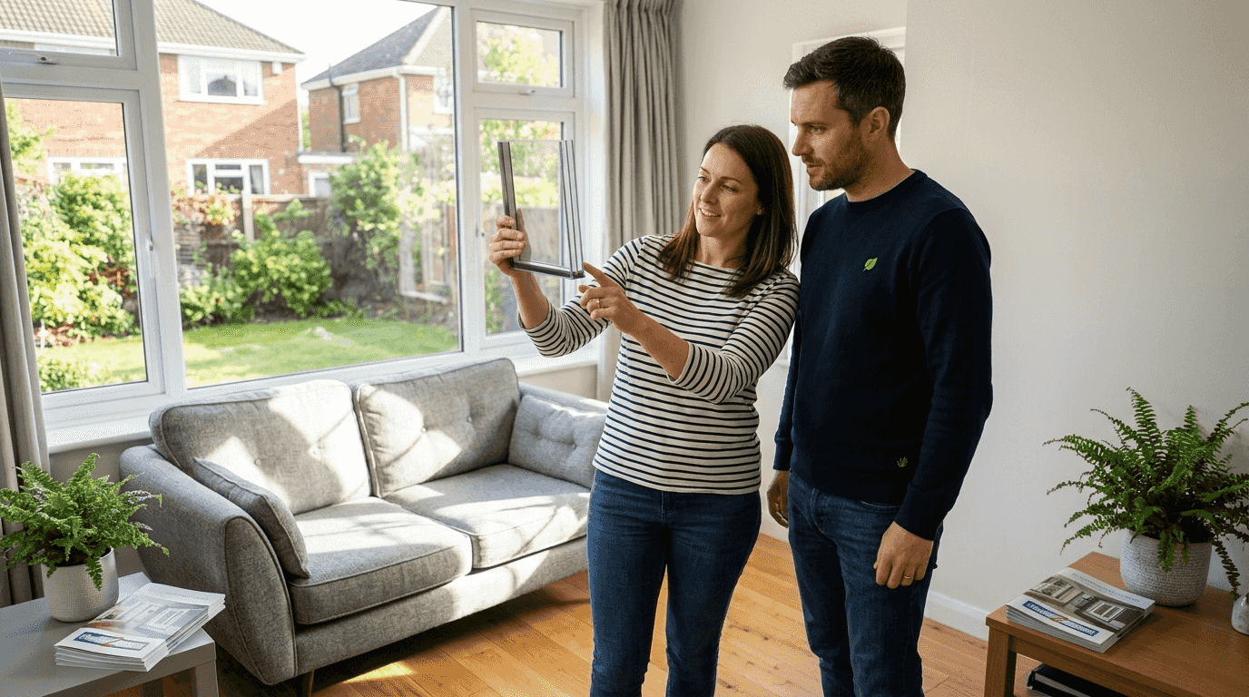 Couple reviews triple glazing near window