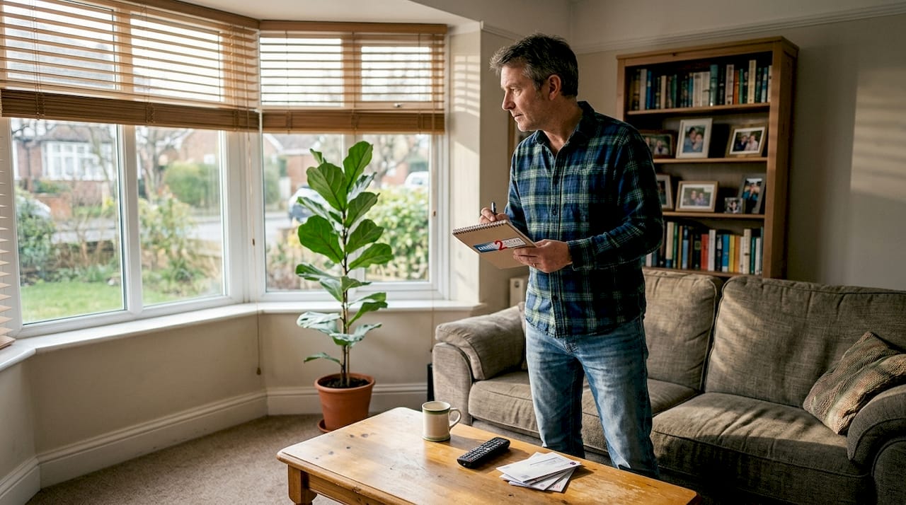 Homeowner inspecting living room window glazing