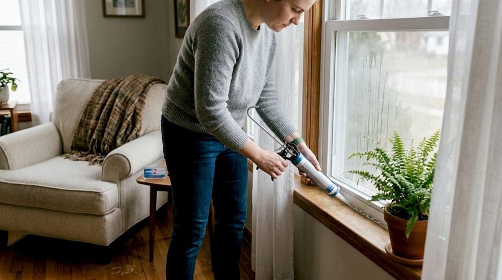 Homeowner sealing window to stop a draft