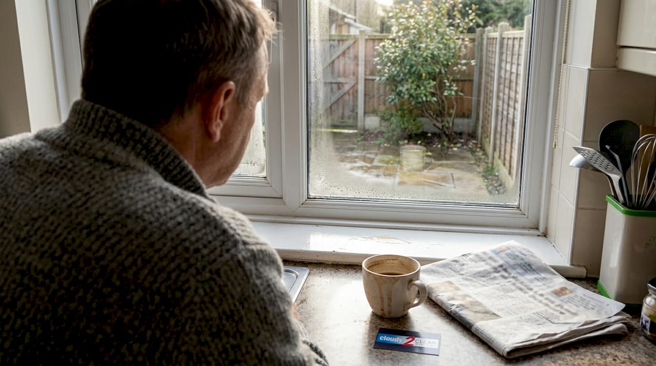 Homeowner inspecting foggy double glazed window