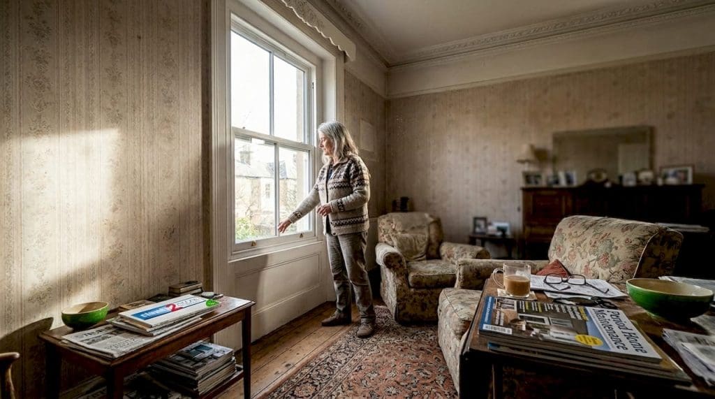 Woman opening sash window in period living room