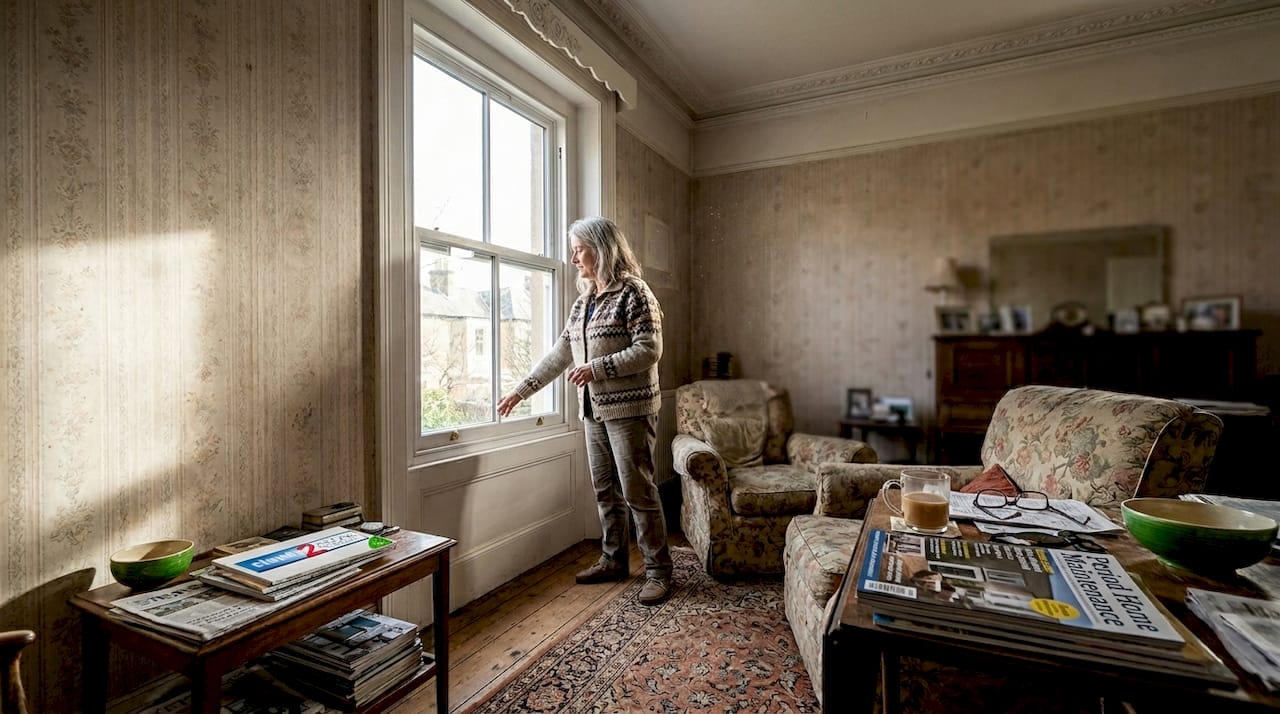 Woman opening sash window in period living room