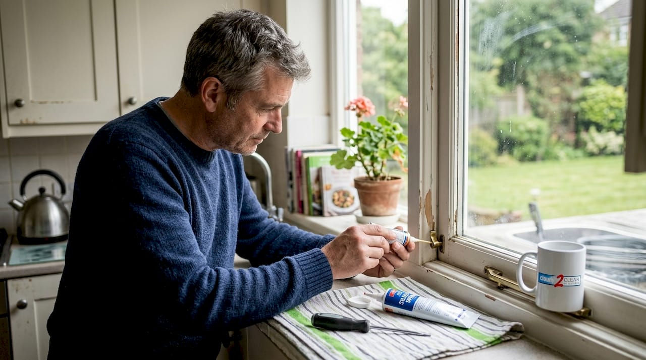 Homeowner repairing kitchen window lock
