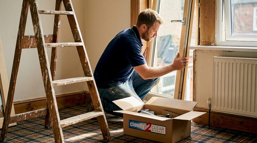 Installer fitting timber-framed window in UK lounge