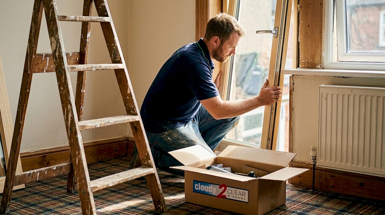 Installer fitting timber-framed window in UK lounge