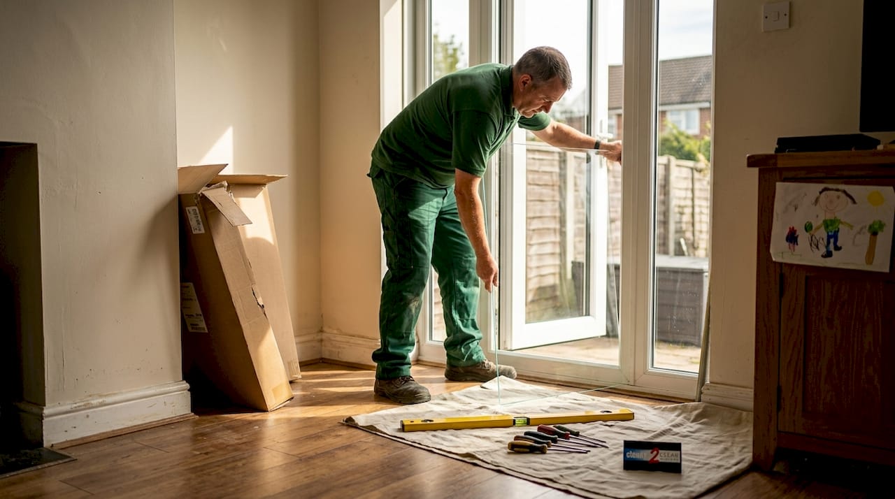 Installer fitting toughened glass in UK home