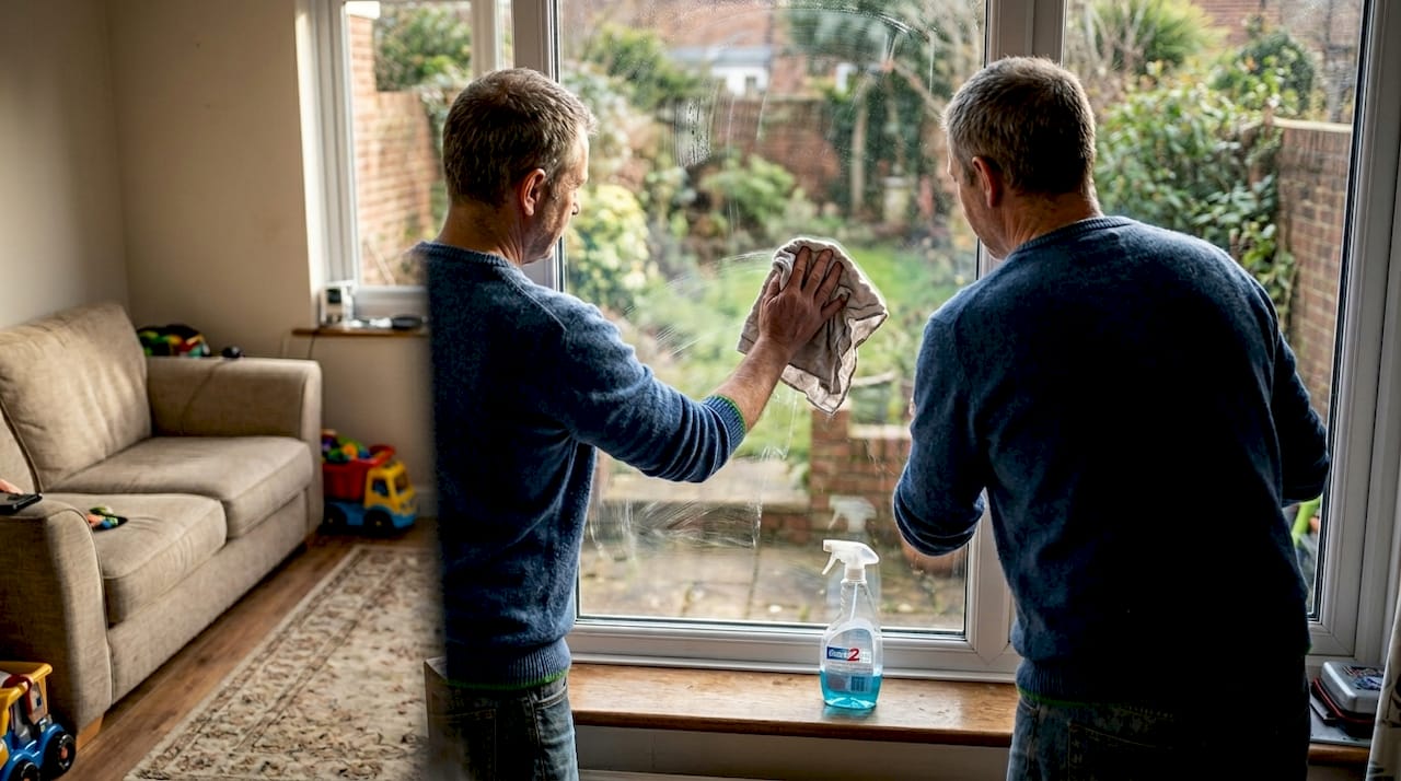 Homeowner cleaning window with sunlight and smudges